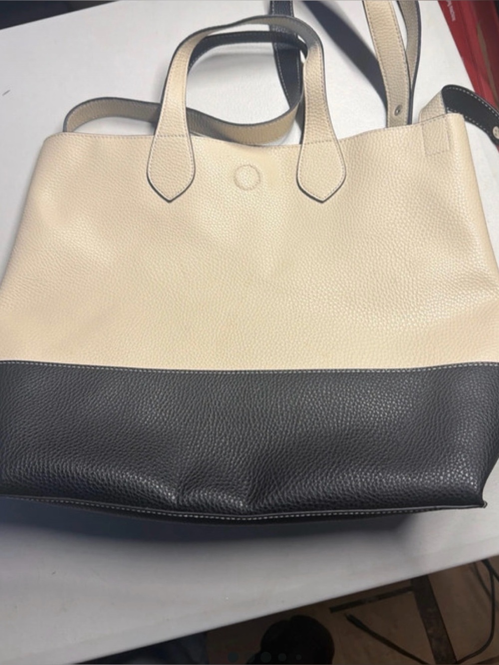 Two-Tone Cream and Black Structured Leather Tote
